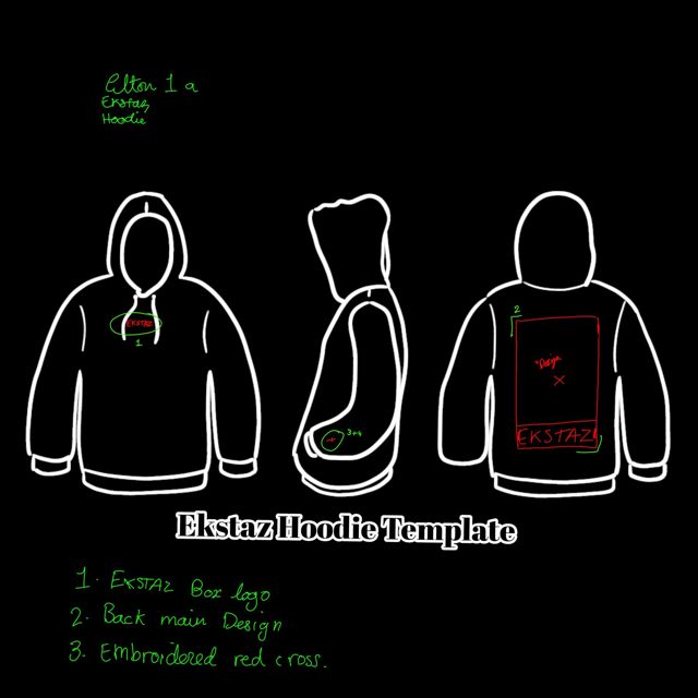 Hand-drawn EKSTAZ hoodie template: front, side and back views