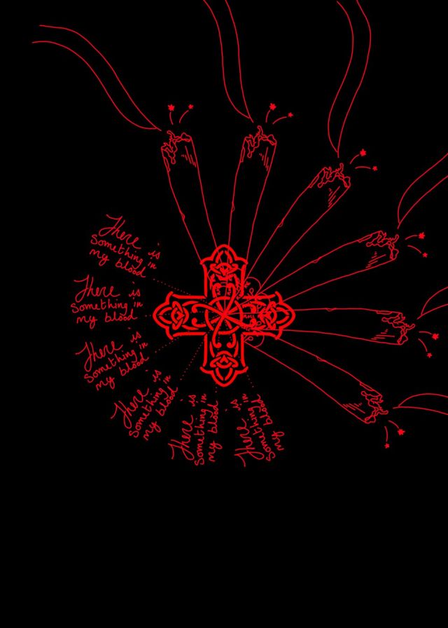 Red pencil sketch of an ornate cross with handwritten notes radiating outward