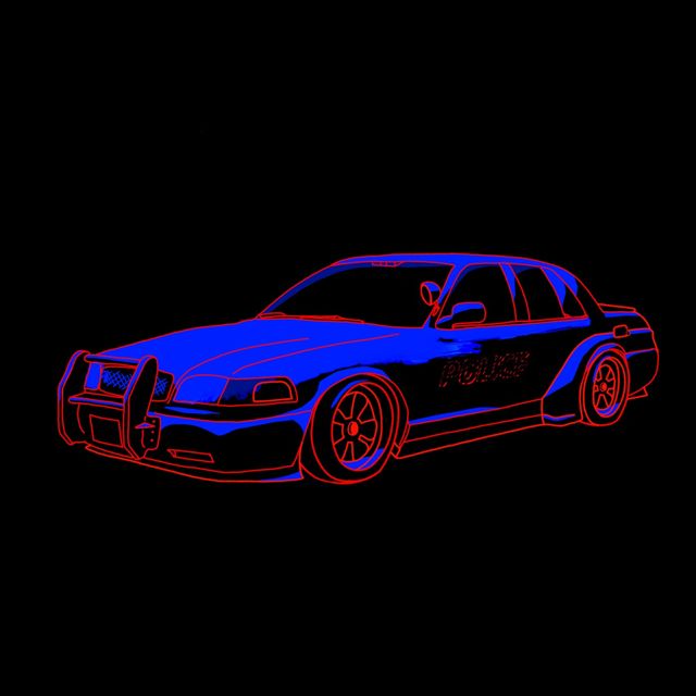 Blue and red line drawing of a sedan on black