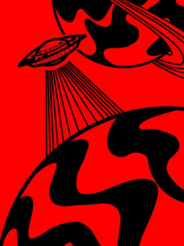 Red and black poster of a flying saucer beaming over a planet