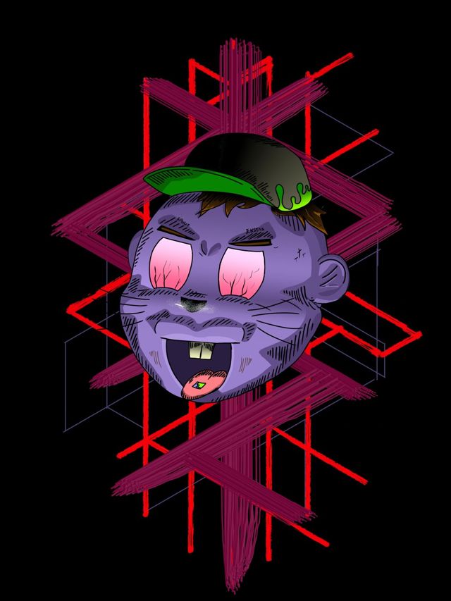 Illustrated character in a green cap over red geometric lines