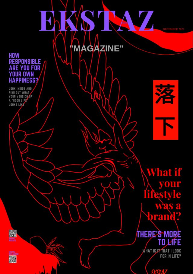 Cover of the EKSTAZ magazine: red crane illustration, Japanese characters and the line ‘What if your lifestyle was a brand?’