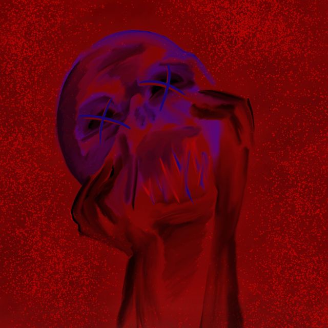 Distorted face washed in red
